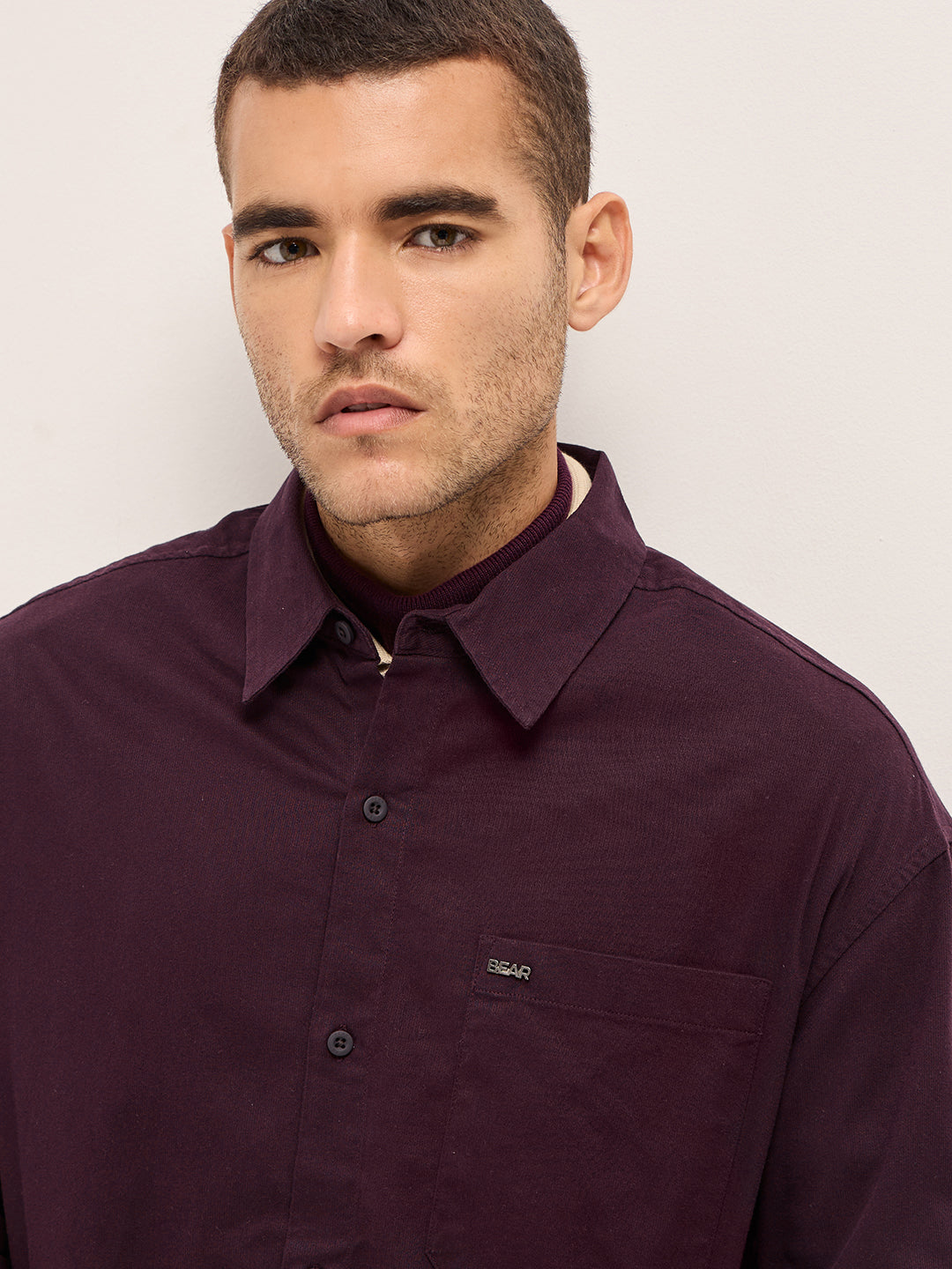 Men Shirt Maroon Solid Relax Fit Overshirt