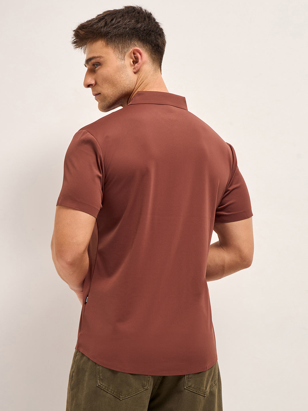 Men Brick Red Solid Nylon Blend Classic Spread Collar Shirt