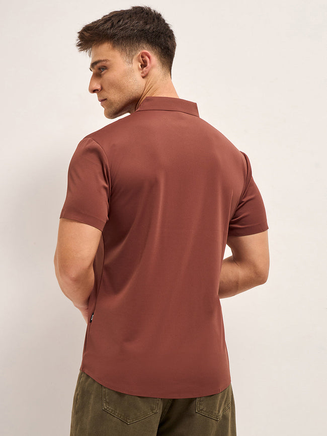 Men Brick Red Solid Nylon Blend Classic Spread Collar Shirt