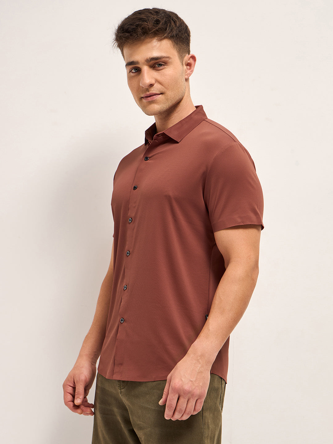 Men Brick Red Solid Nylon Blend Classic Spread Collar Shirt