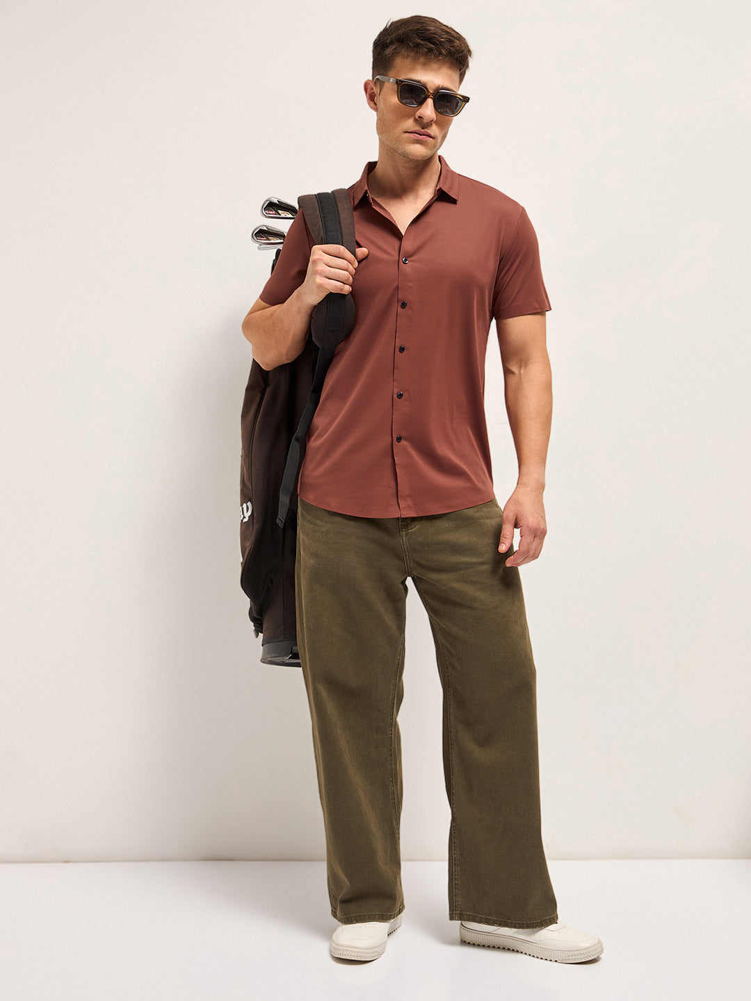 Men Brick Red Solid Nylon Blend Classic Spread Collar Shirt