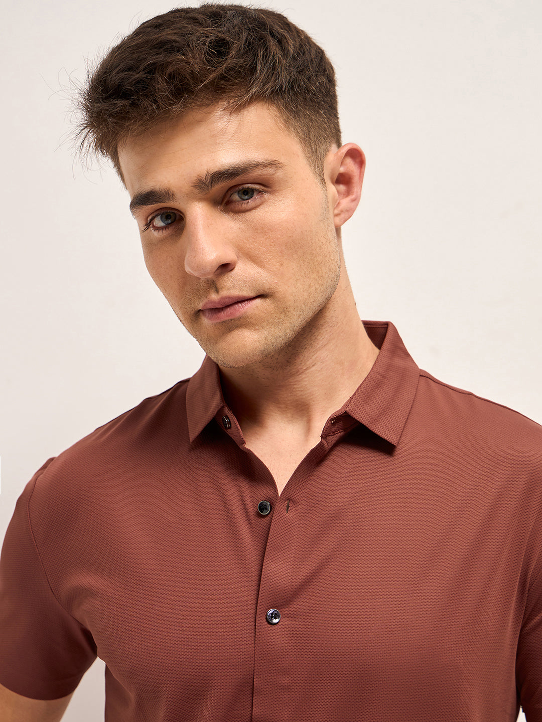 Men Brick Red Solid Nylon Blend Classic Spread Collar Shirt
