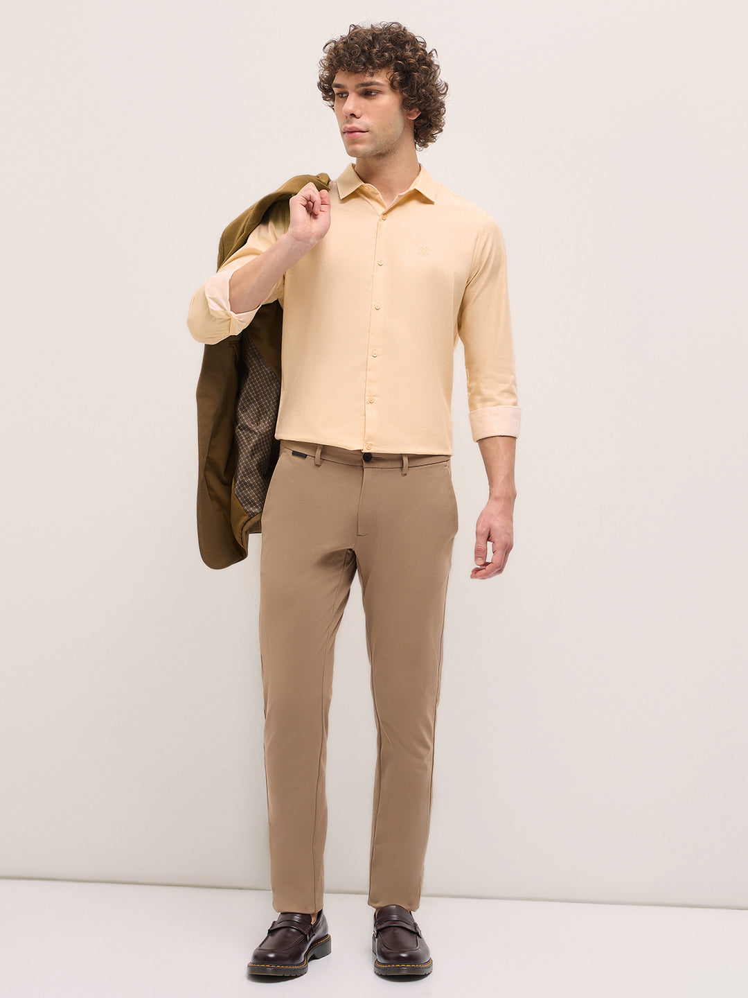 Men Shirt Beige Solid Tailored Fit Formal Shirt
