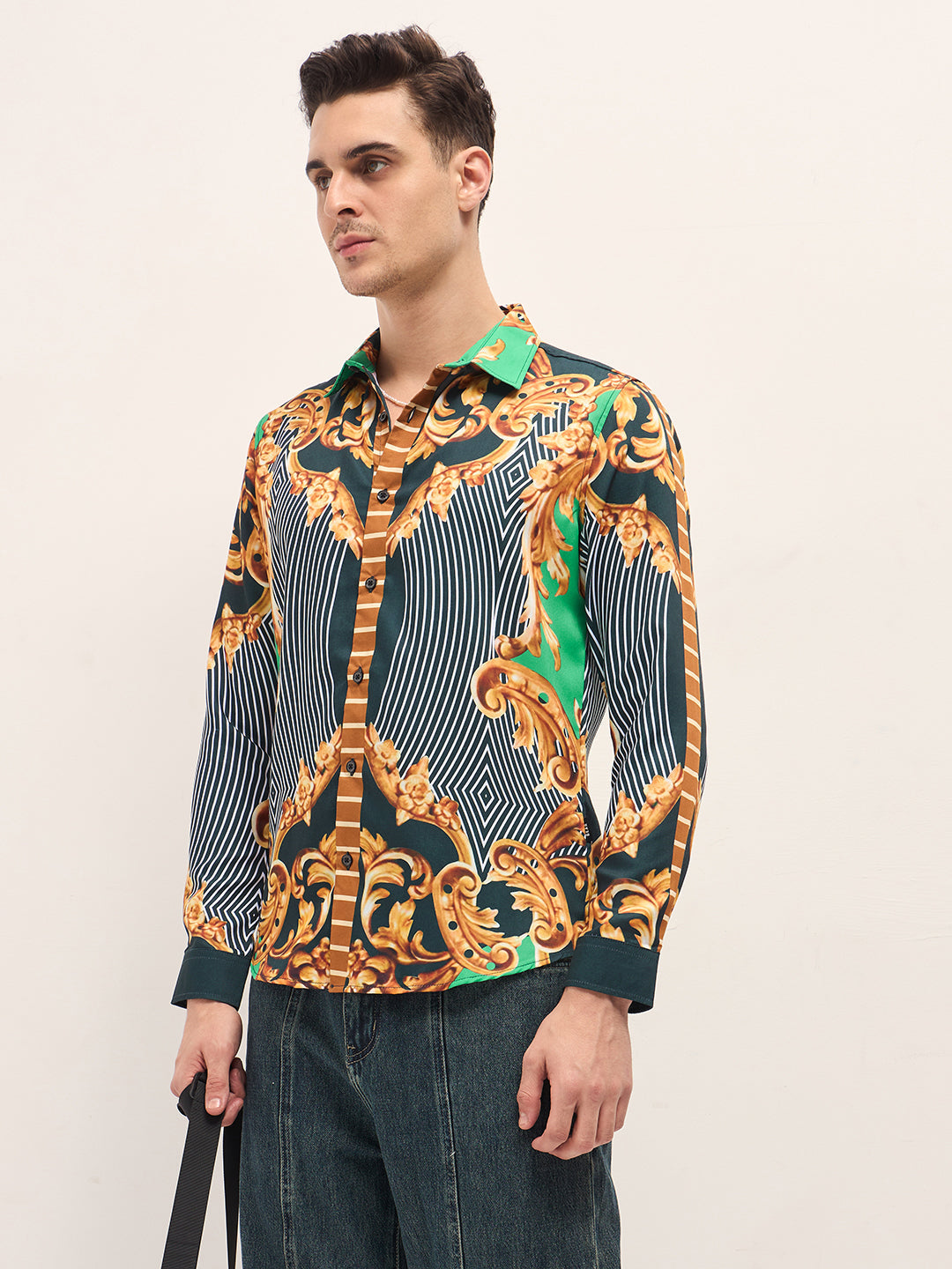 Men Multi-Color Baroque Printed Print Slim Fit Casual Shirt