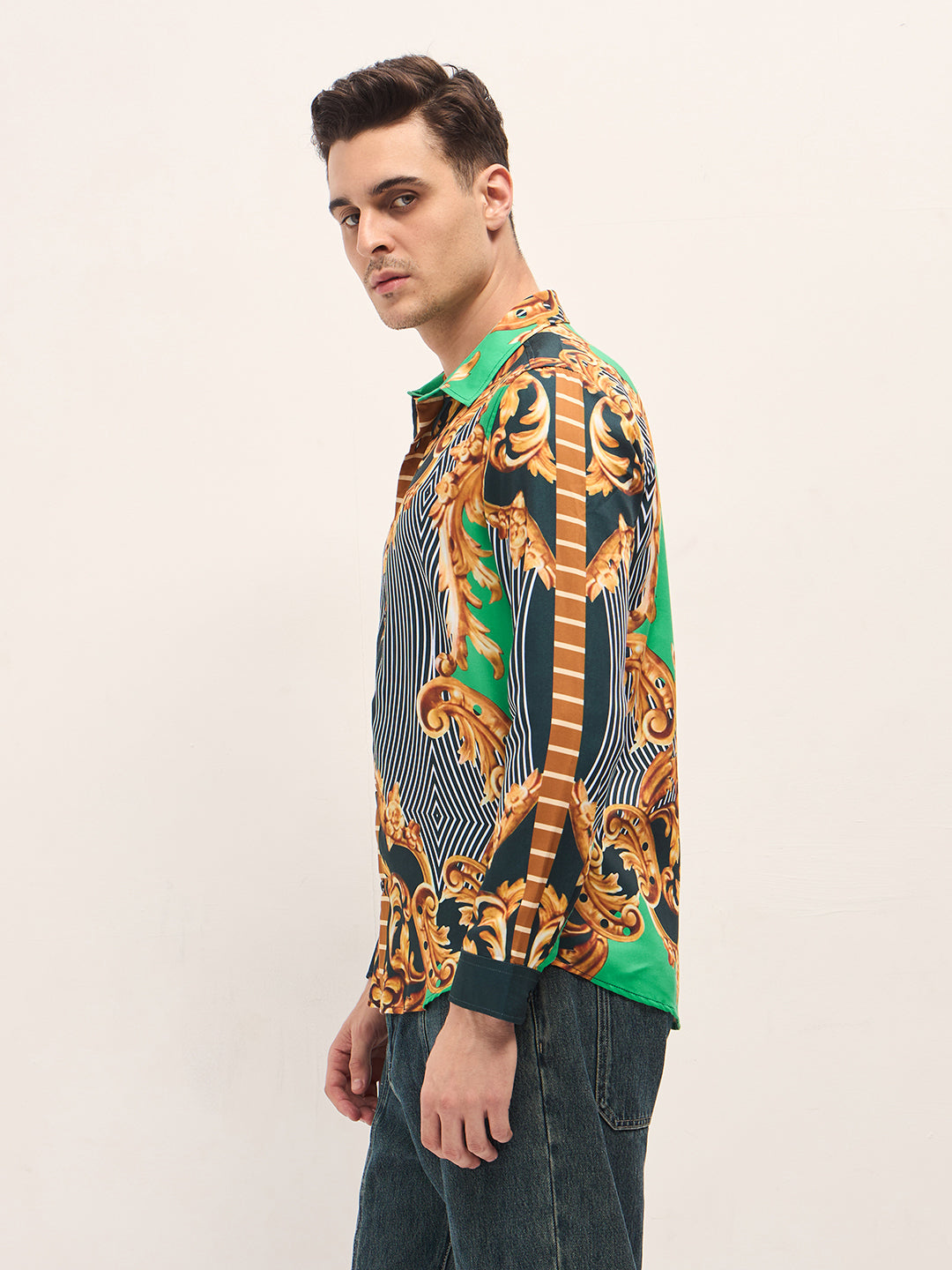 Men Multi-Color Baroque Printed Print Slim Fit Casual Shirt
