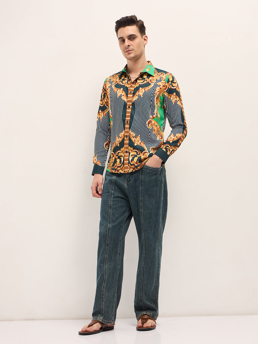 Men Multi-Color Baroque Printed Print Slim Fit Casual Shirt