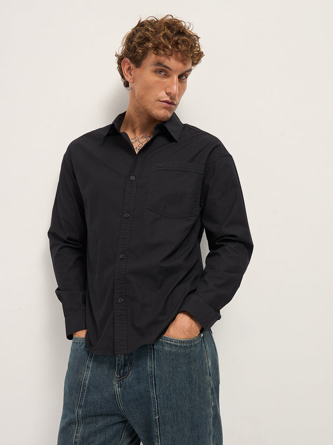 Men Black Cotton Solid Relaxed Fit Overshirt