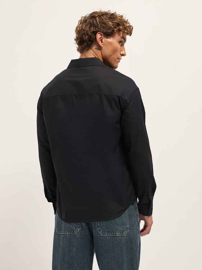 Men Black Cotton Solid Relaxed Fit Overshirt