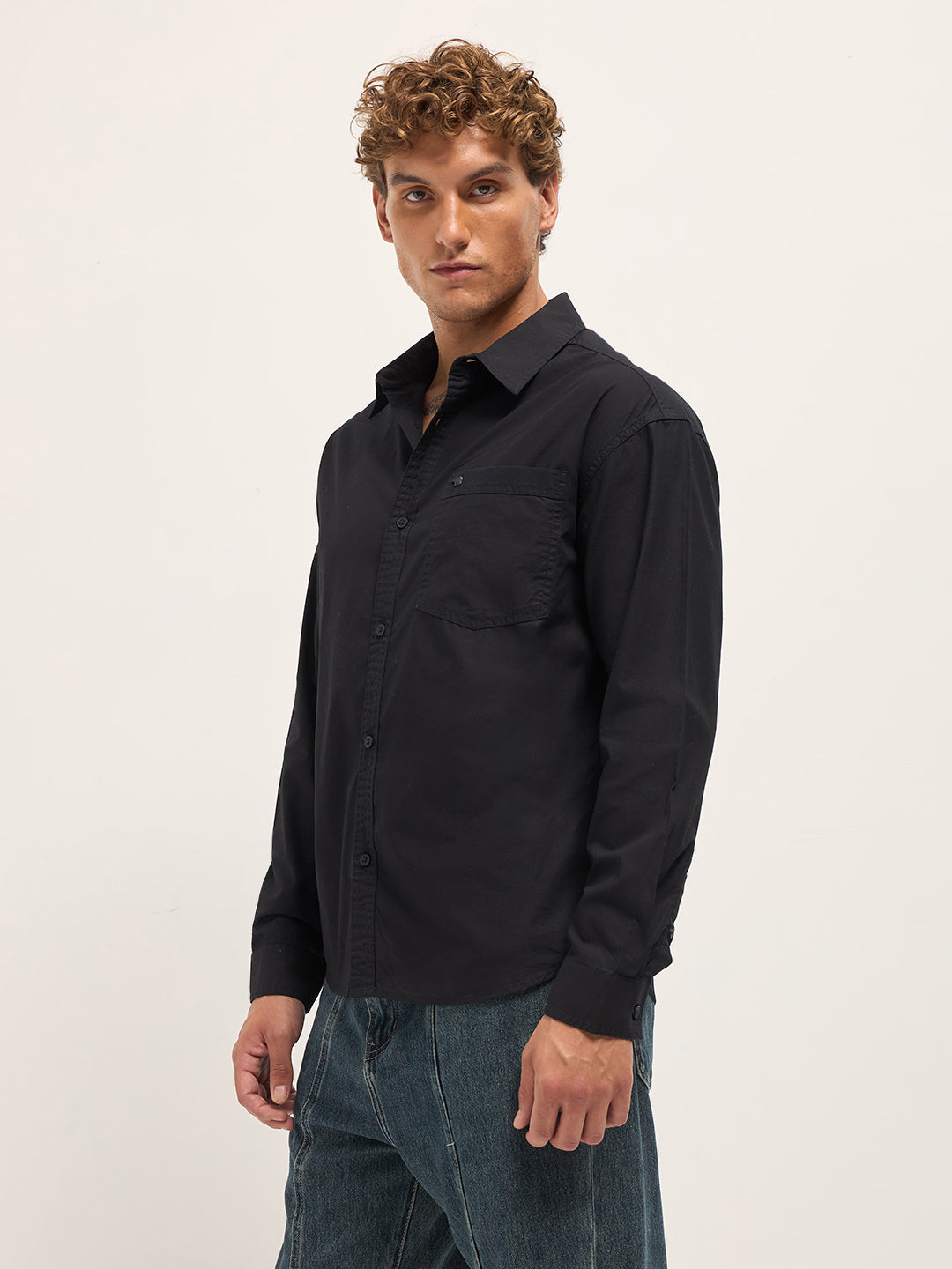 Men Black Cotton Solid Relaxed Fit Overshirt