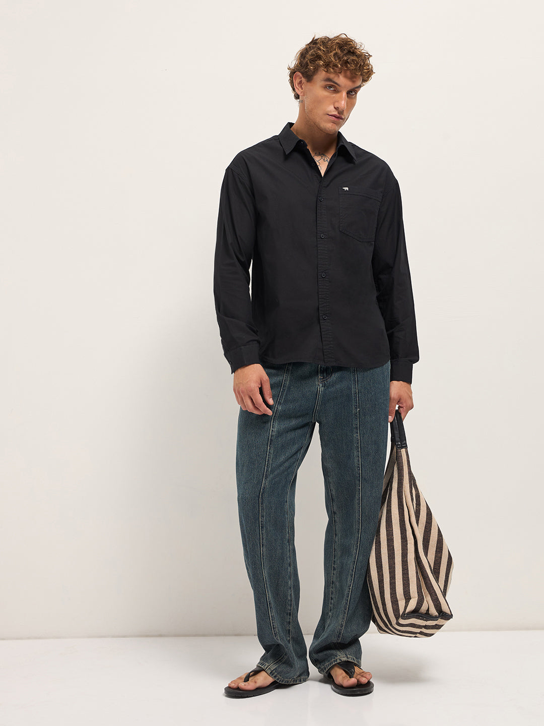 Men Black Cotton Solid Relaxed Fit Overshirt