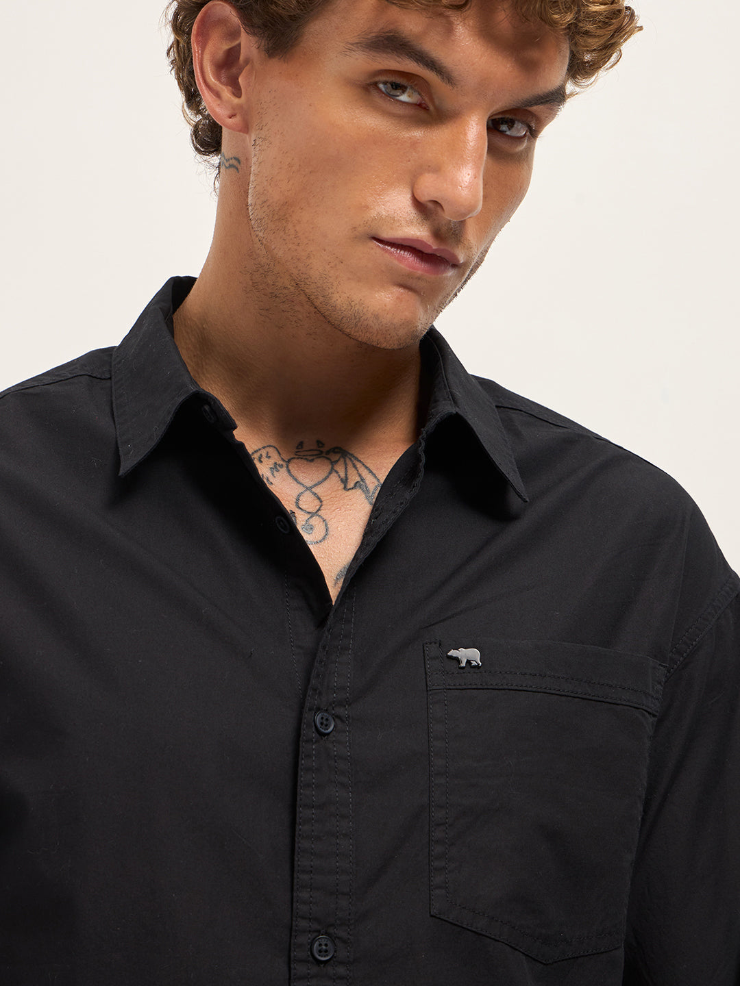 Men Black Cotton Solid Relaxed Fit Overshirt