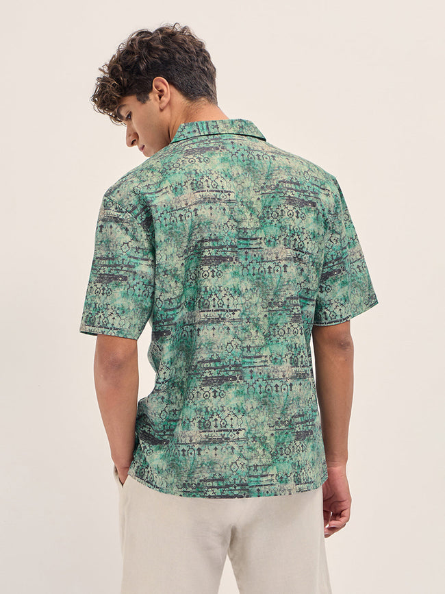 Men Green Abstract Tribal Print Oversized Fit Half Sleeve Shirt