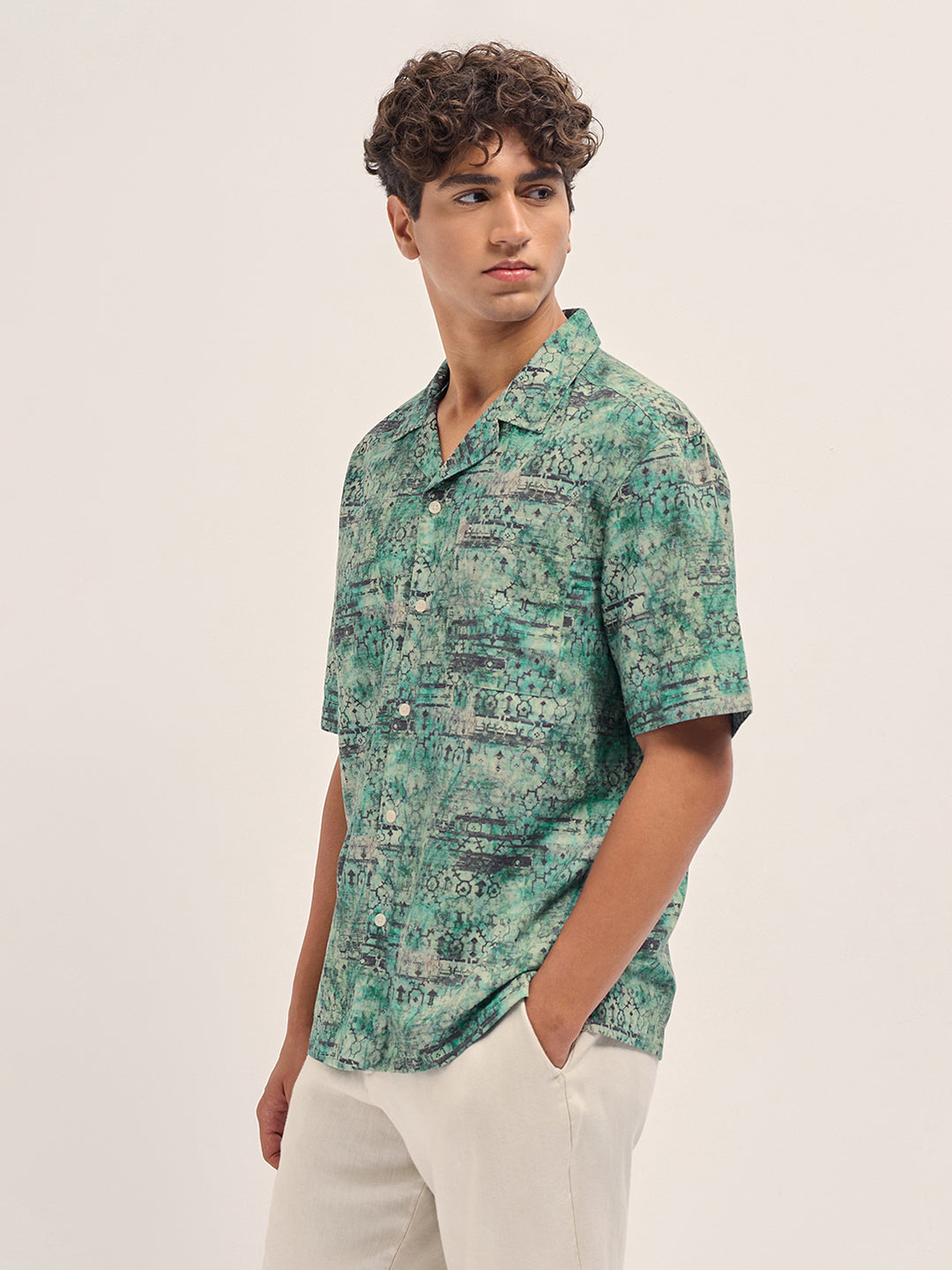 Men Green Abstract Tribal Print Oversized Fit Half Sleeve Shirt