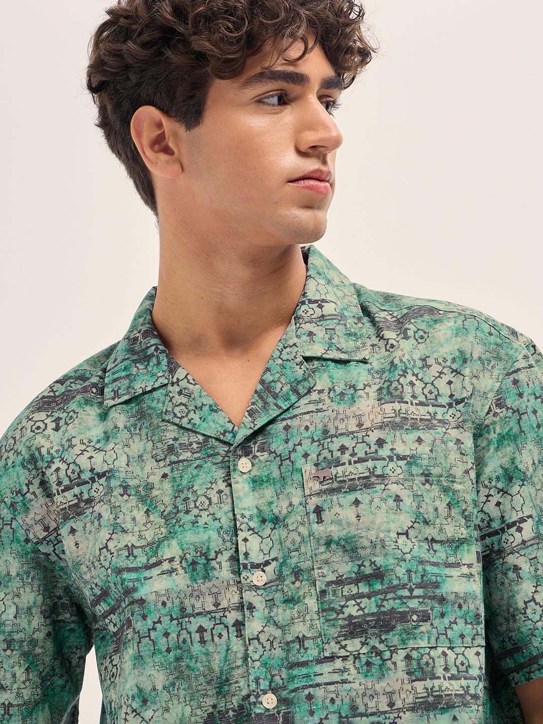 Men Green Abstract Tribal Print Oversized Fit Half Sleeve Shirt