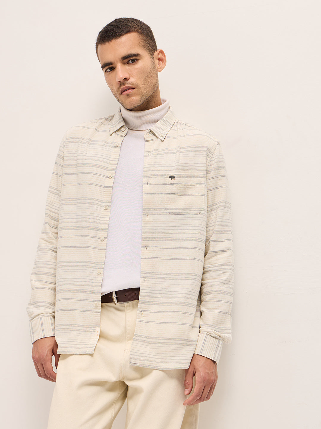 Men White Horizontal Stripe Slim Fit Casual Shirt
