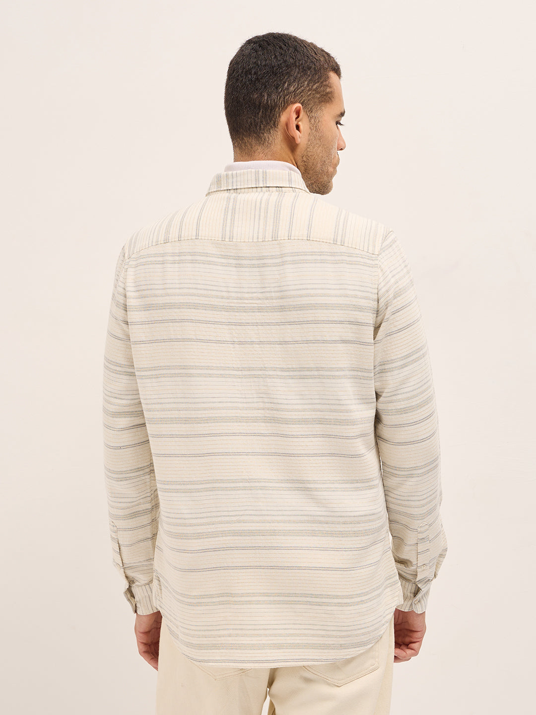 Men White Horizontal Stripe Slim Fit Casual Shirt