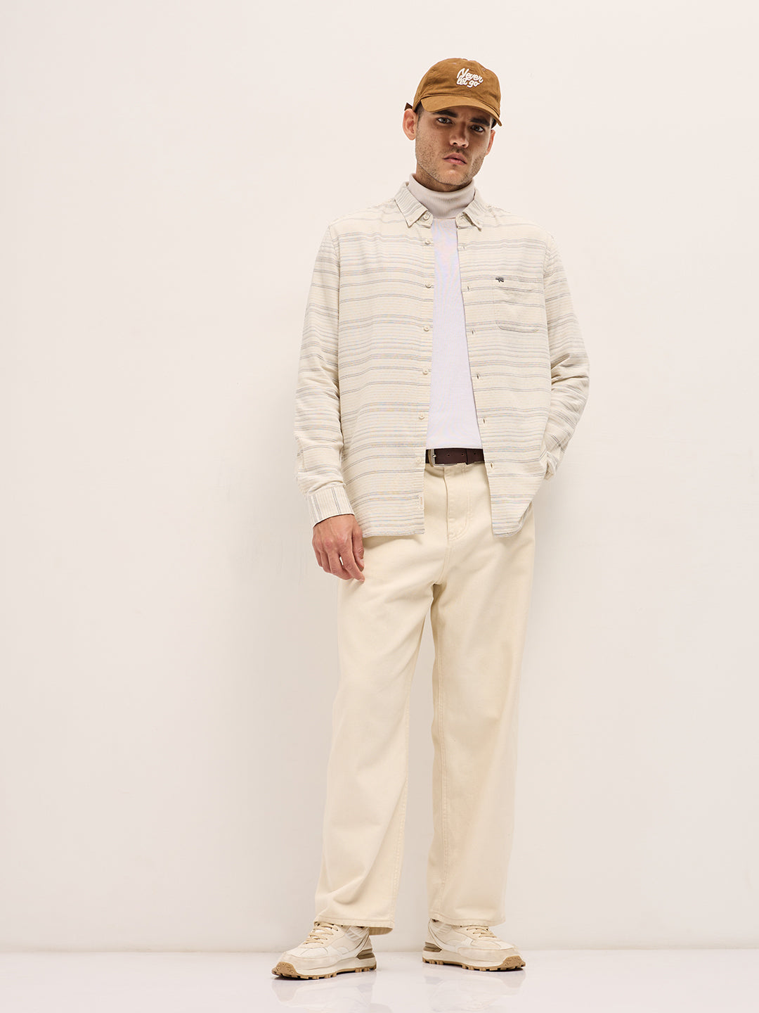 Men White Horizontal Stripe Slim Fit Casual Shirt