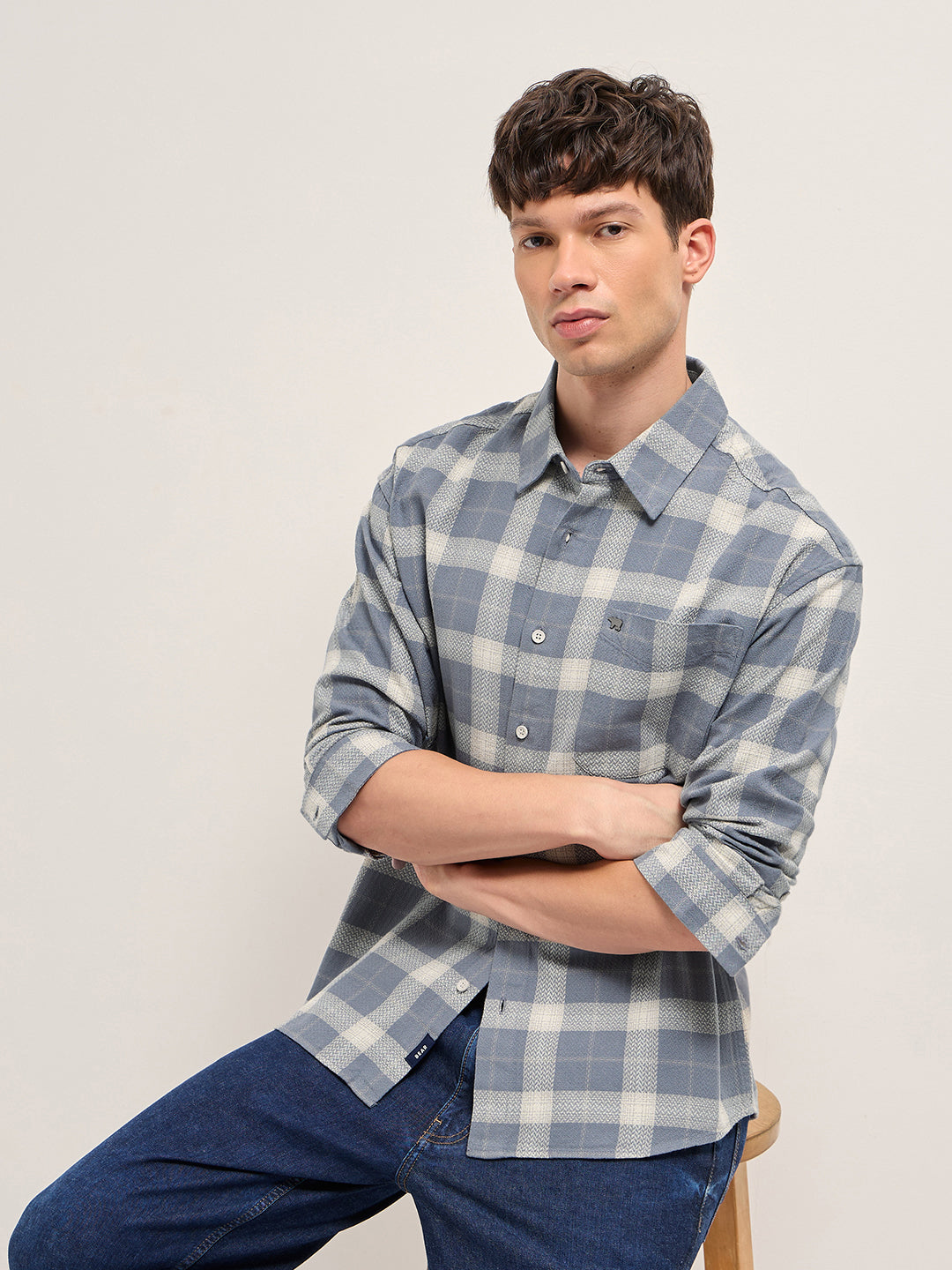 Men Grey Herringbone Check Cotton Relaxed Fit Overshirt