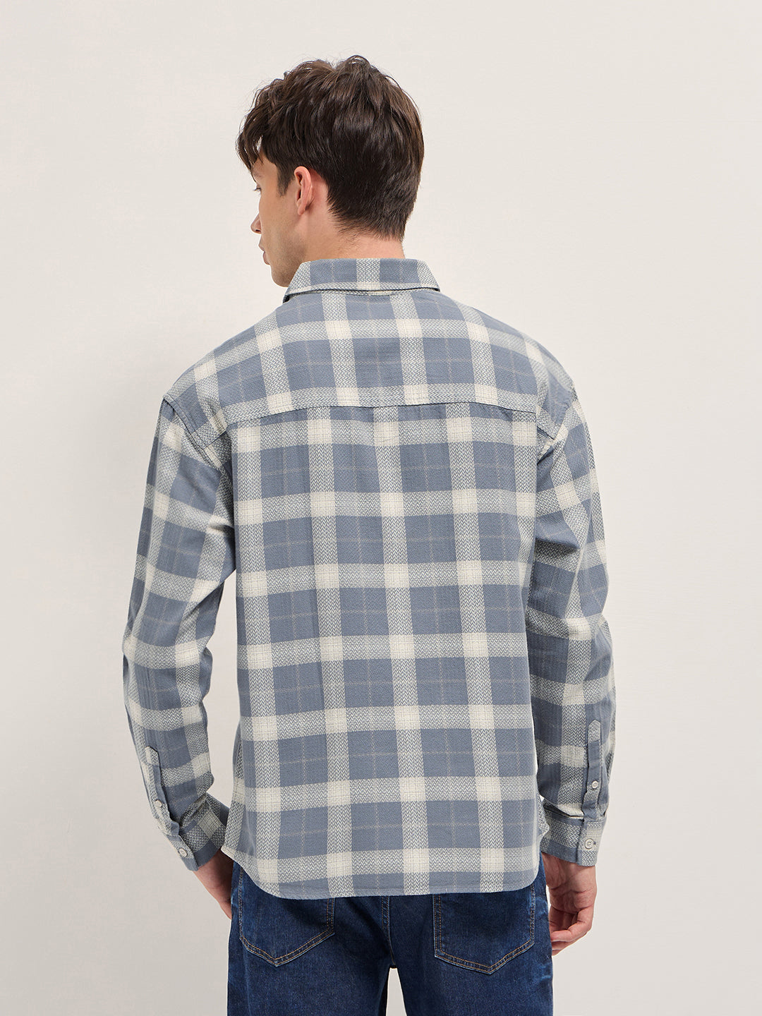 Men Grey Herringbone Check Cotton Relaxed Fit Overshirt