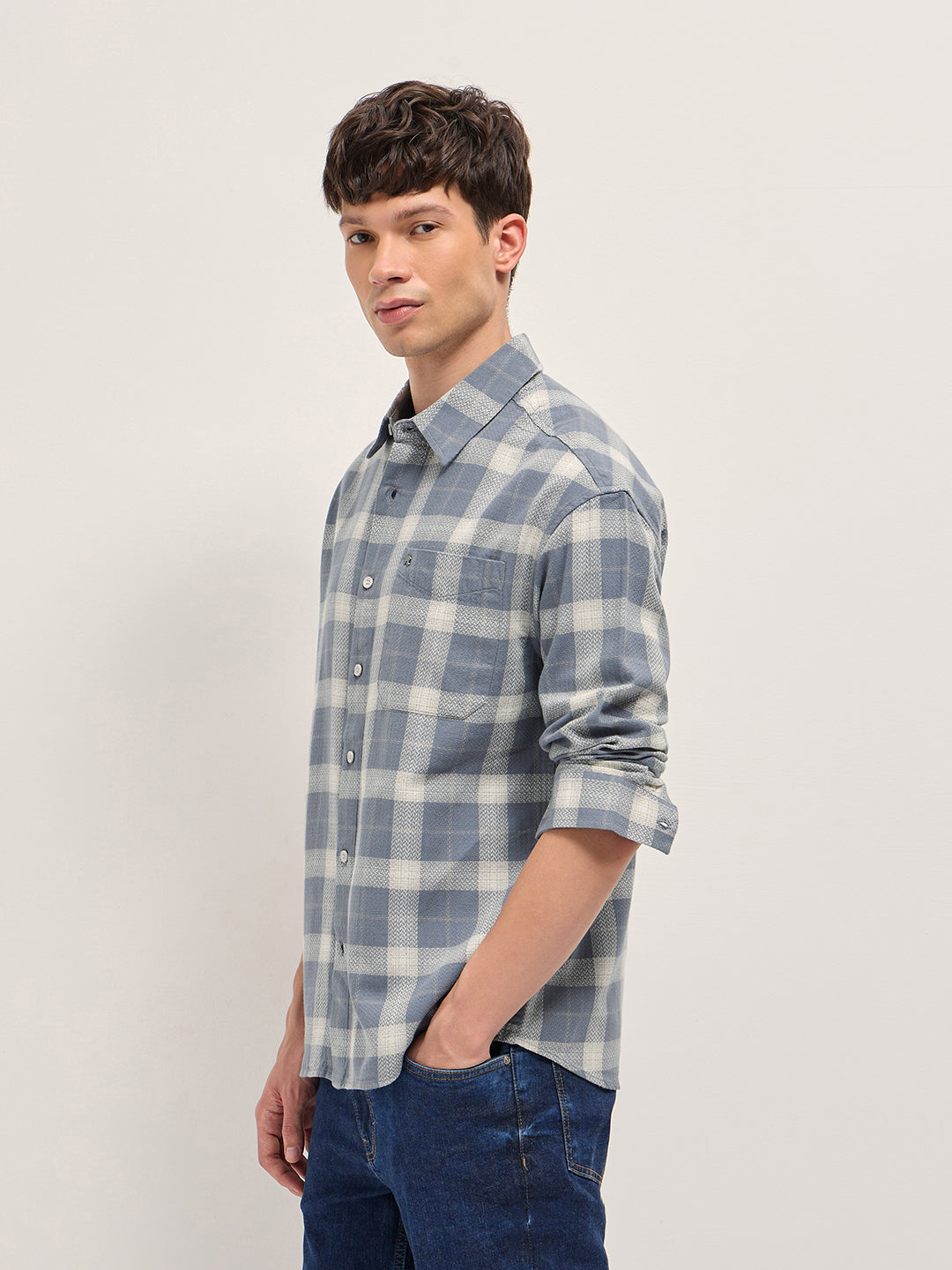 Men Grey Herringbone Check Cotton Relaxed Fit Overshirt