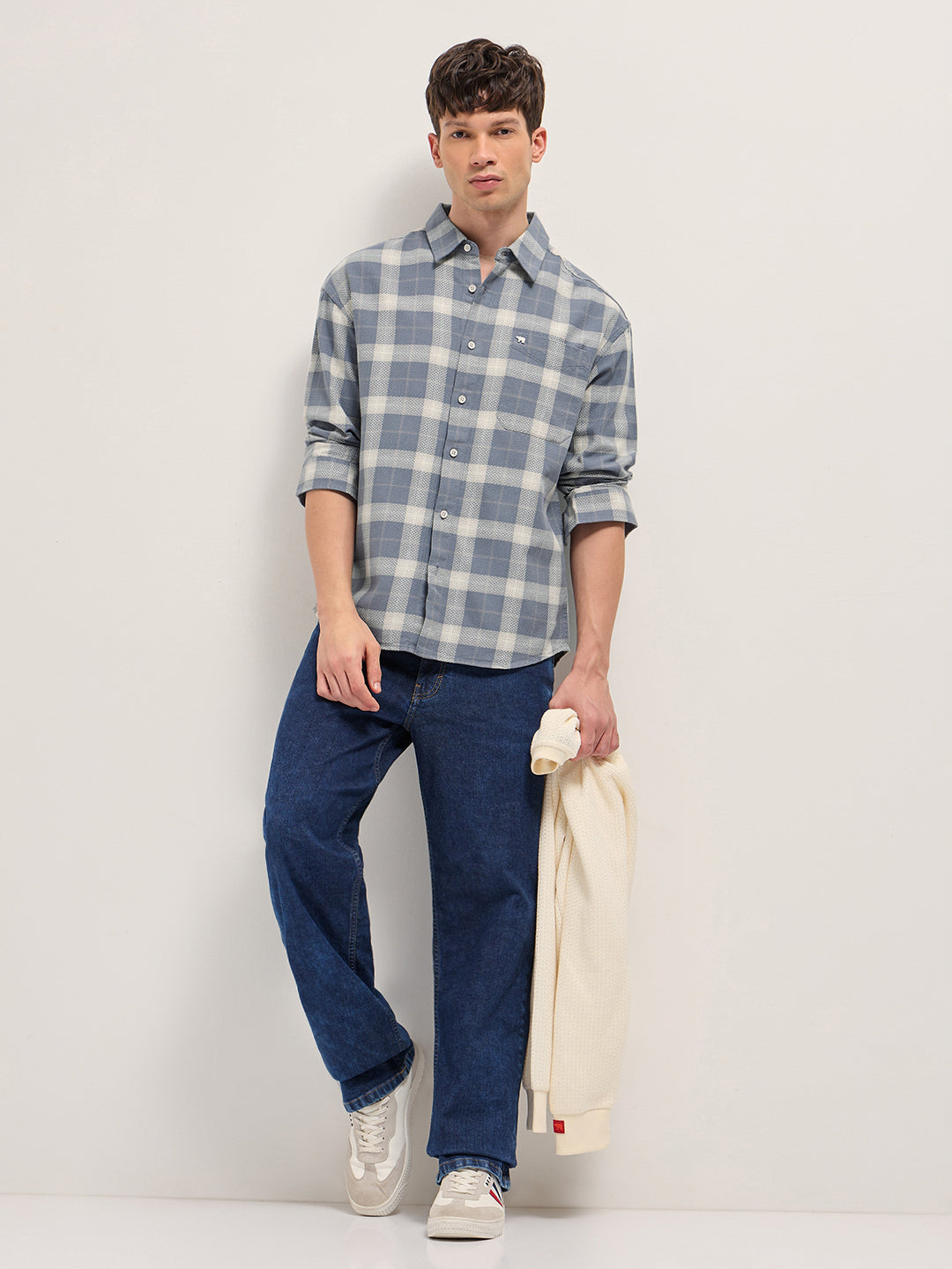 Men Grey Herringbone Check Cotton Relaxed Fit Overshirt