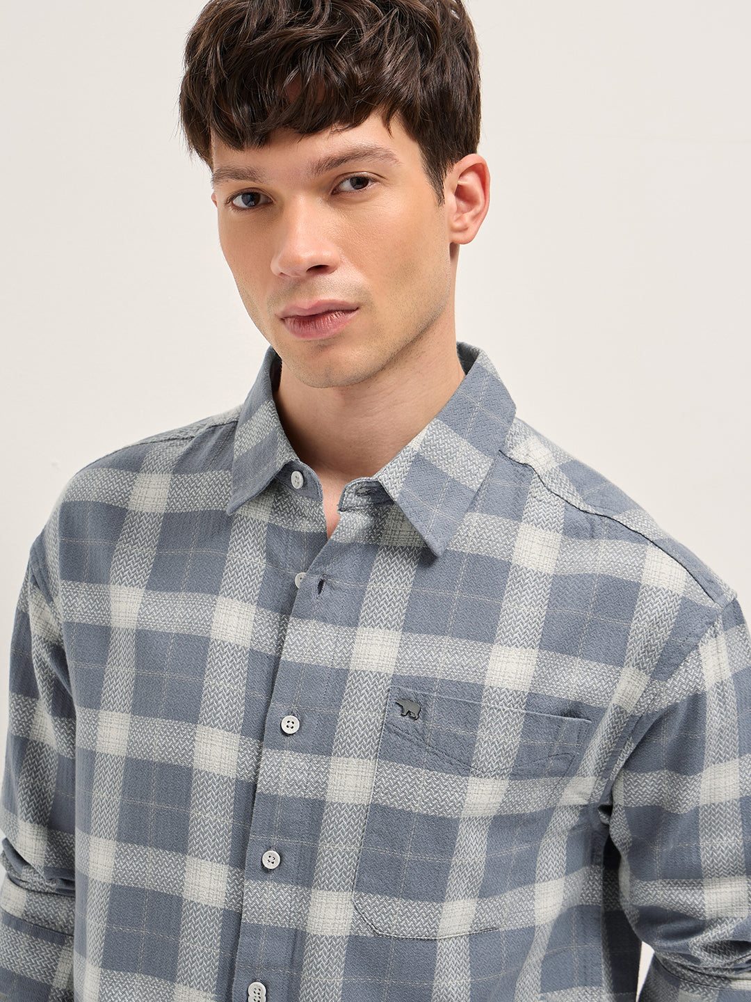 Men Grey Herringbone Check Cotton Relaxed Fit Overshirt