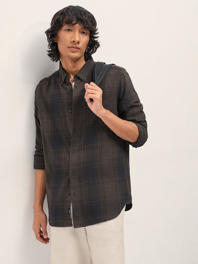 Men Brown and Black Checked Slim Fit Casual Shirt