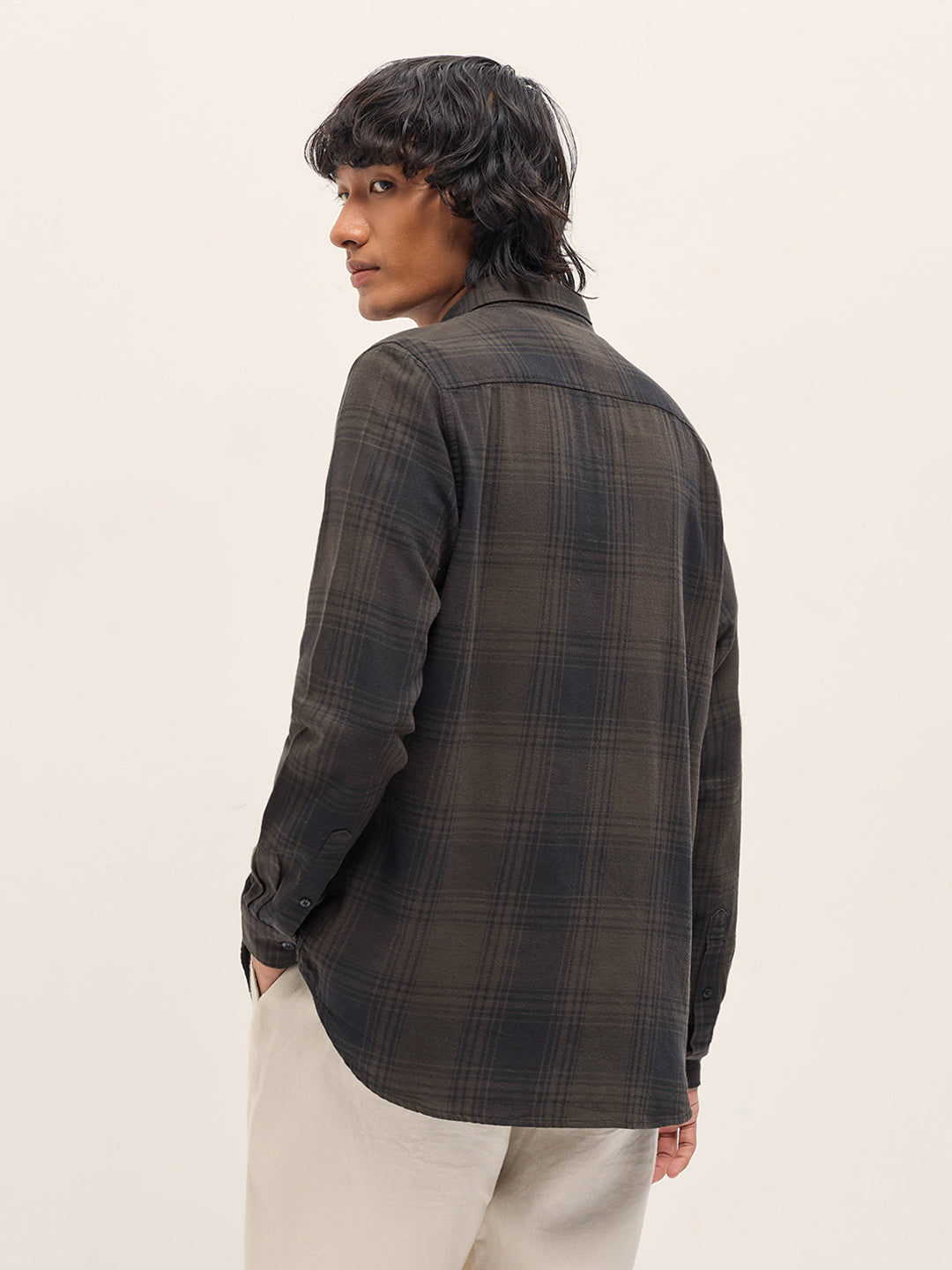 Men Brown and Black Checked Slim Fit Casual Shirt