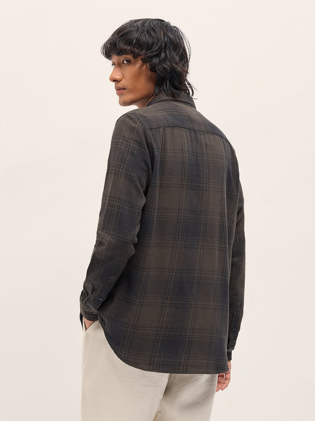 Men Brown and Black Checked Slim Fit Casual Shirt