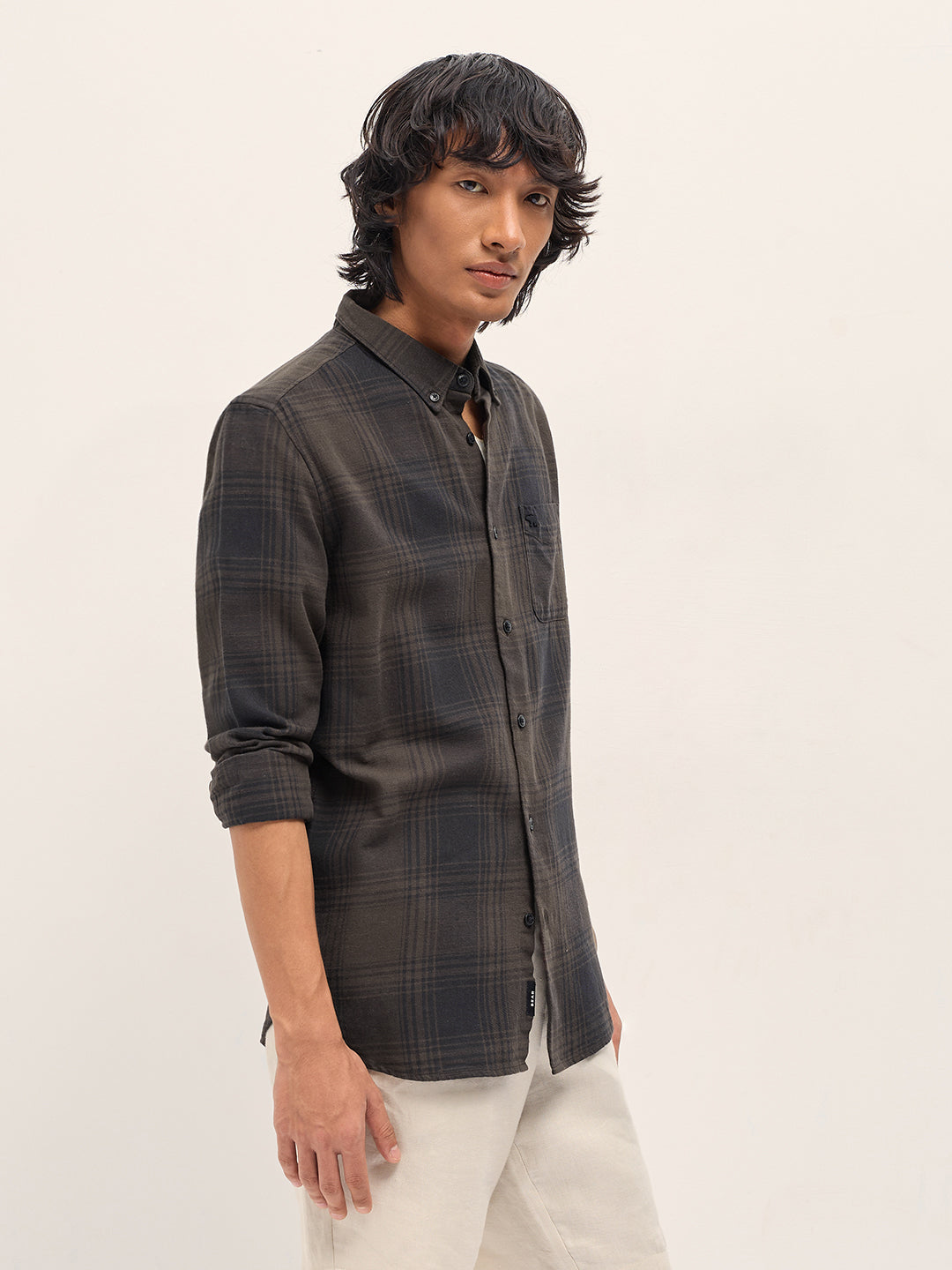 Men Brown and Black Checked Slim Fit Casual Shirt