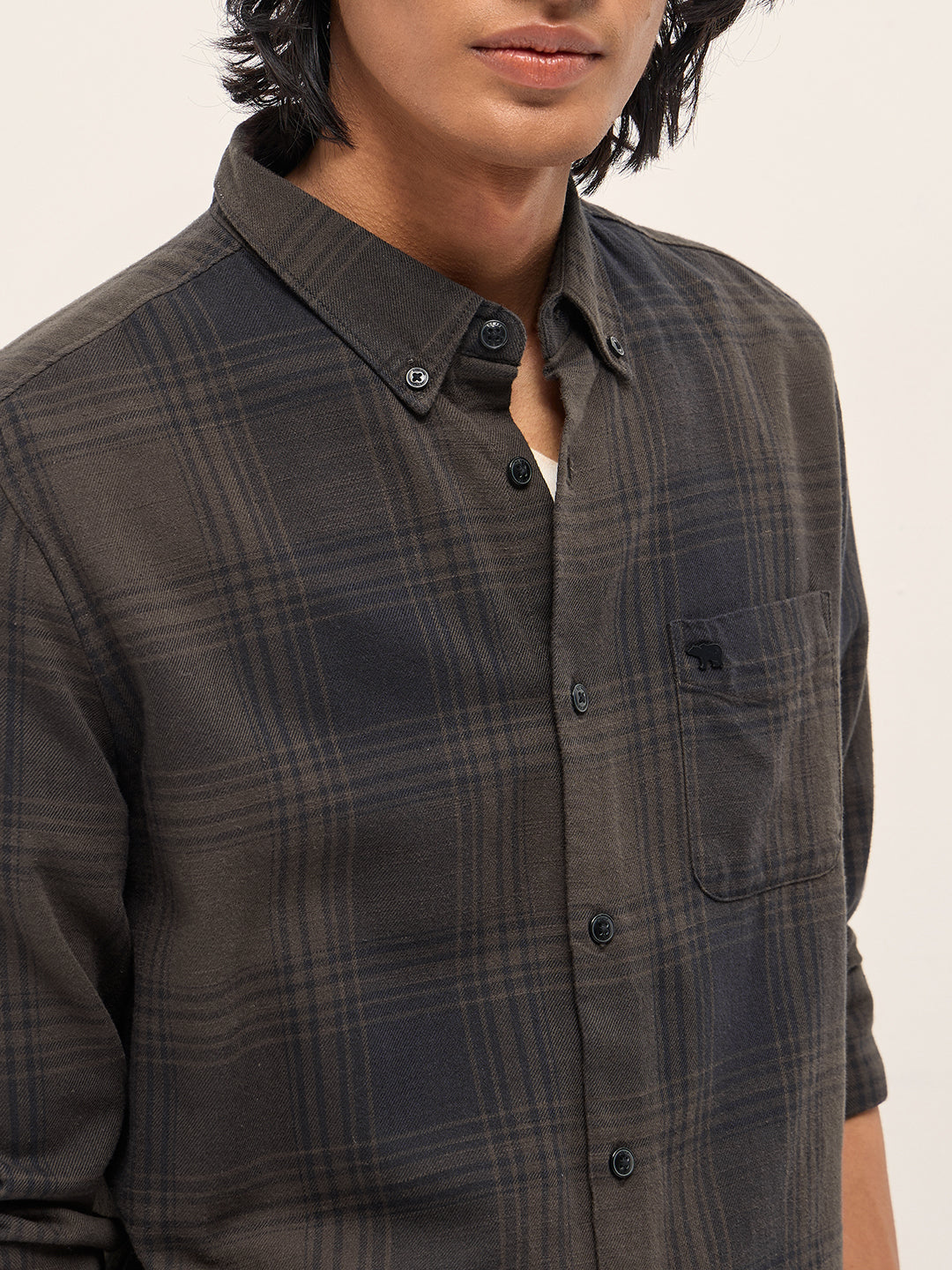 Men Brown and Black Checked Slim Fit Casual Shirt