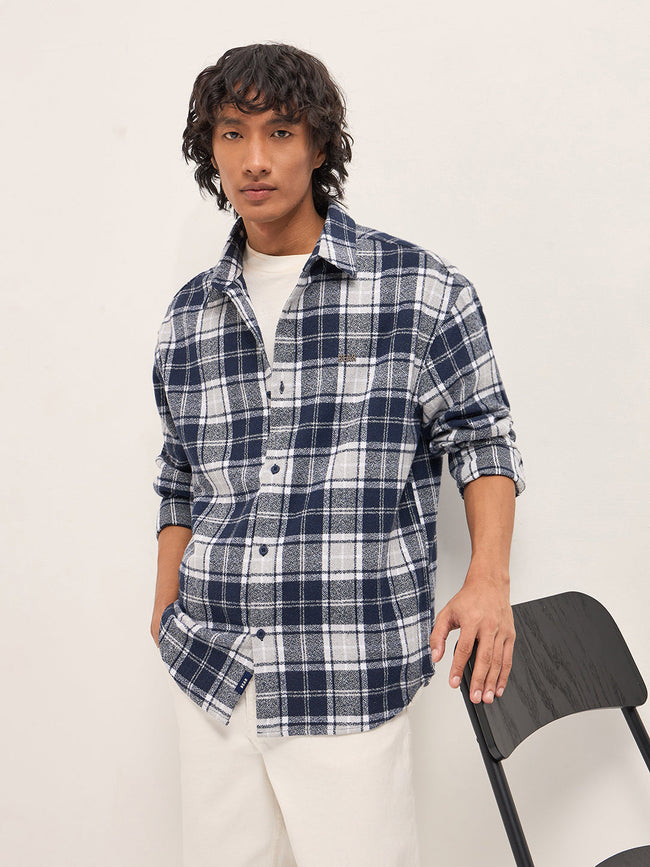 Men Blue Tartan Checked Design Relaxed Fit Overshirt