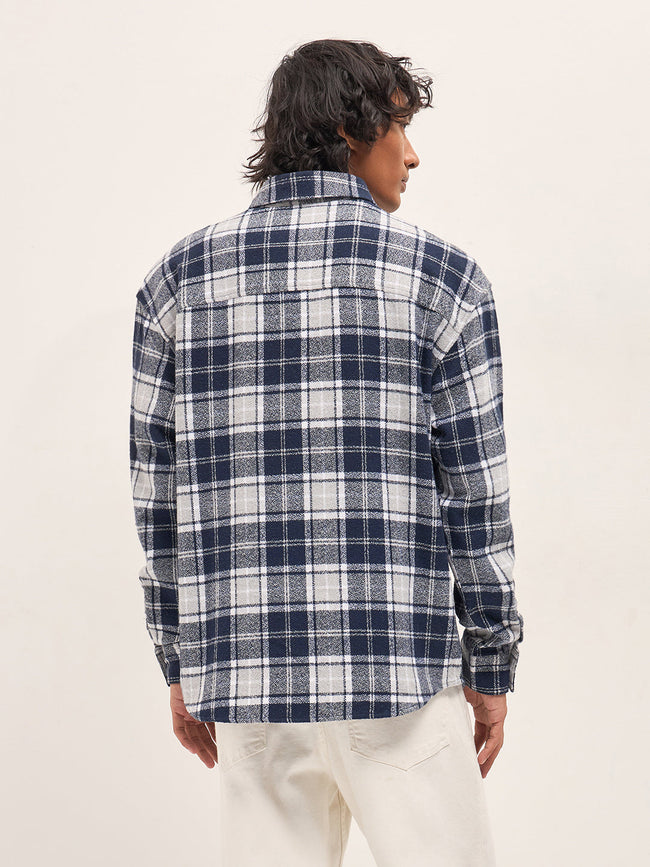 Men Blue Tartan Checked Design Relaxed Fit Overshirt