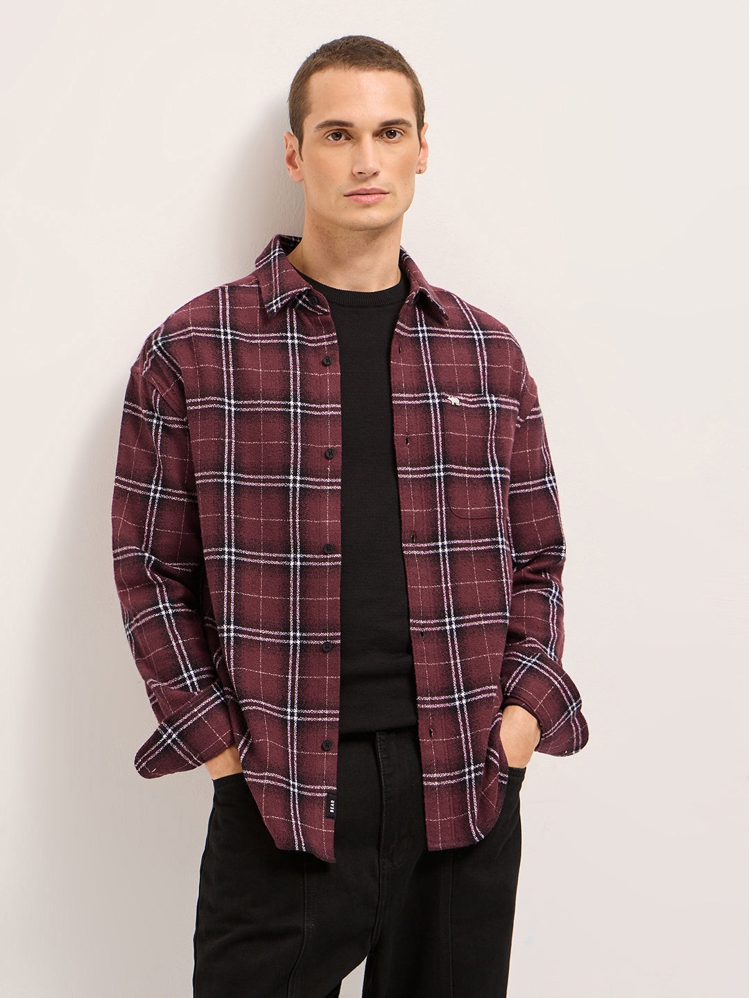 Men Maroon Tartan Checked Design Relax Fit Casual Shirt