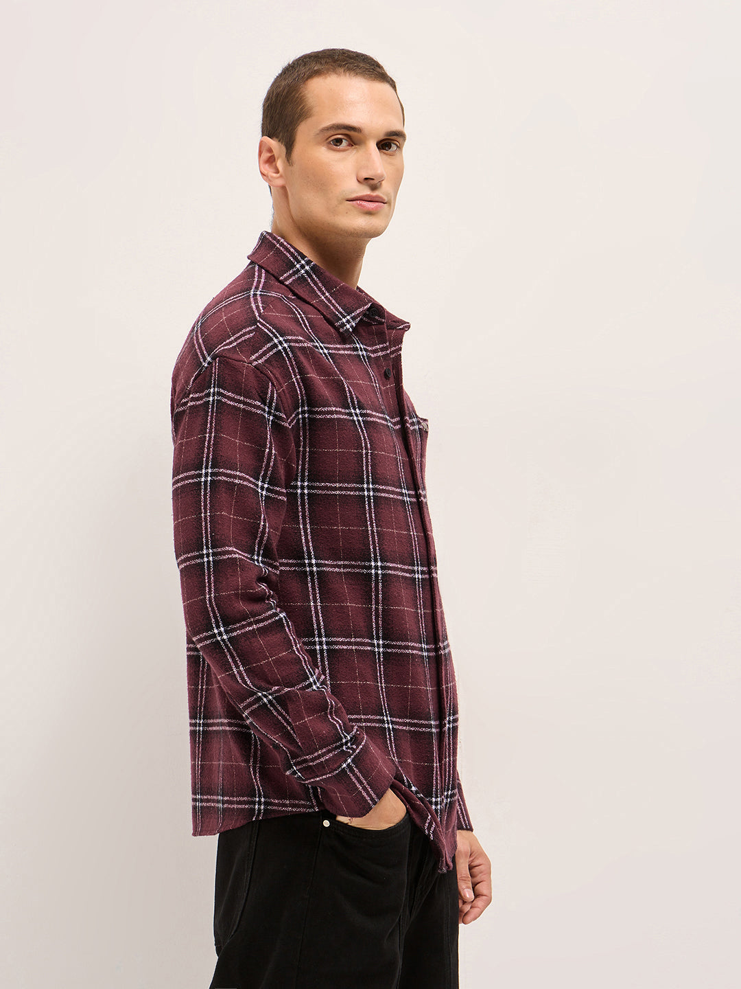Men Maroon Tartan Checked Design Relax Fit Casual Shirt