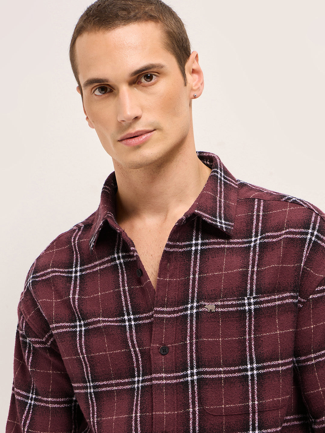 Men Maroon Tartan Checked Design Relax Fit Casual Shirt