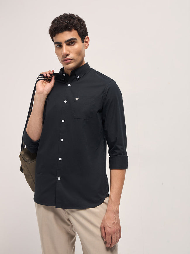 Men Black Solid Cotton Slim-Fit Casual Shirt