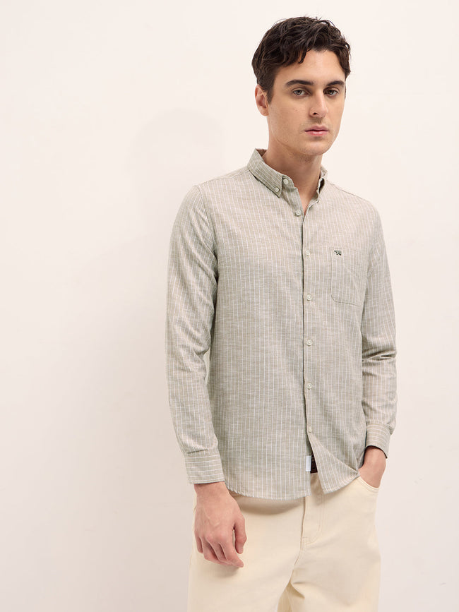 Men Beige Vertical Stripes Slim Fit Casual Shirt