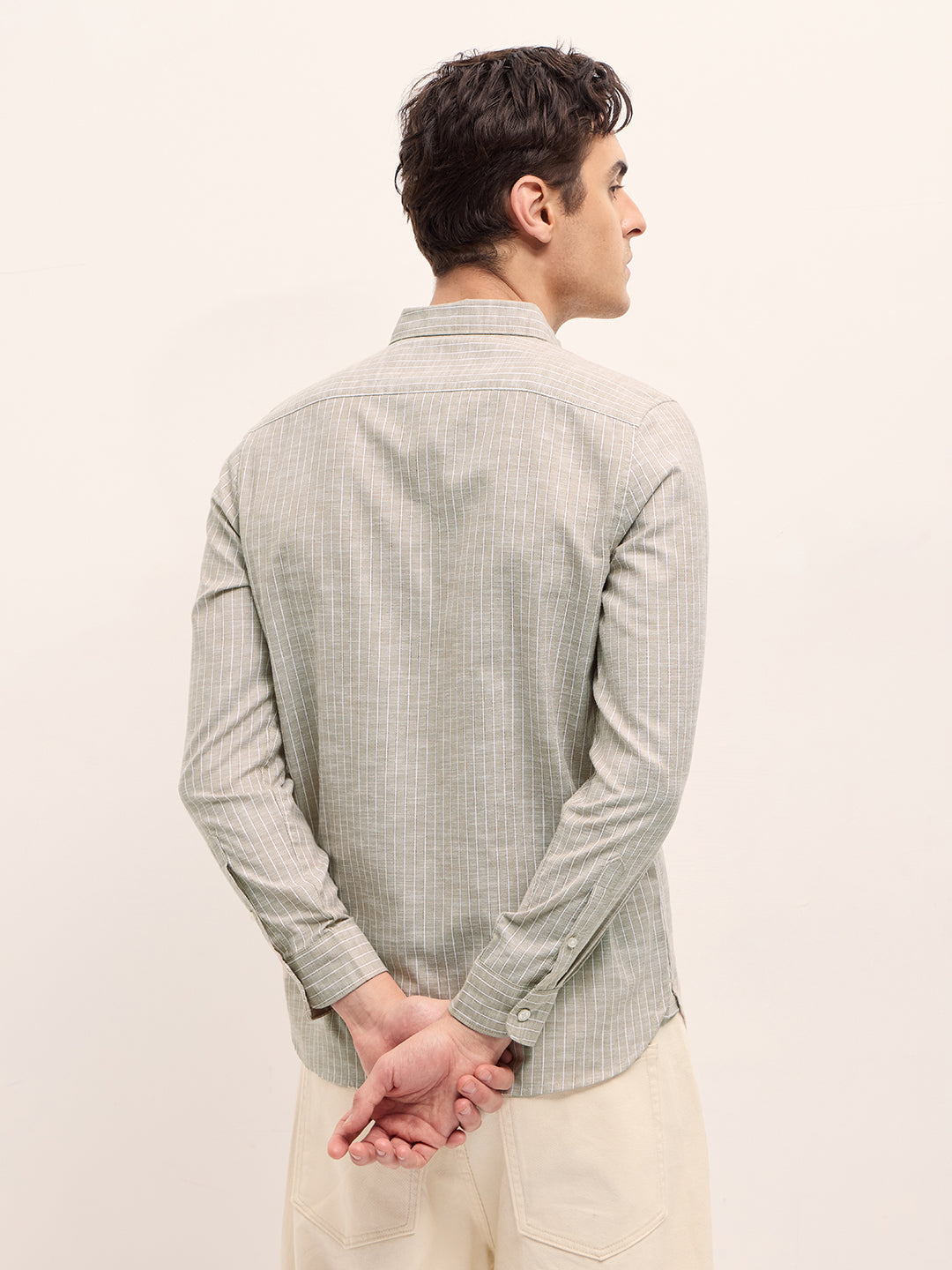 Men Beige Vertical Stripes Slim Fit Casual Shirt