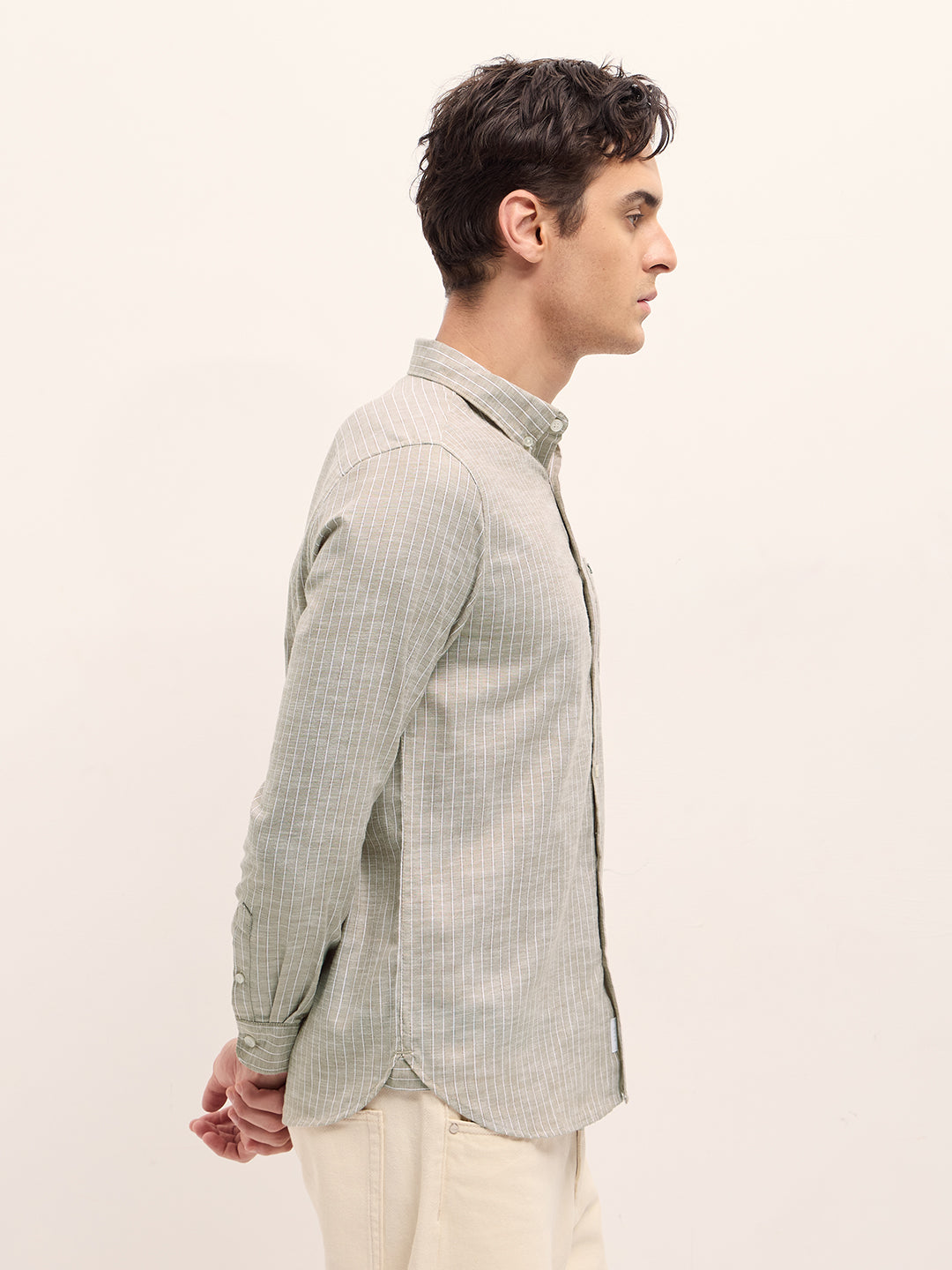 Men Beige Vertical Stripes Slim Fit Casual Shirt