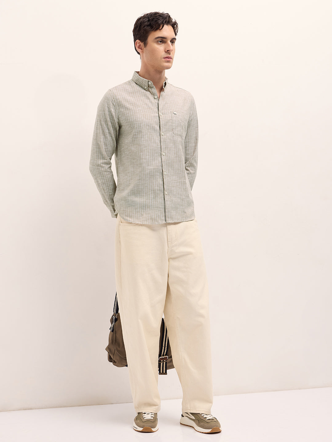 Men Beige Vertical Stripes Slim Fit Casual Shirt
