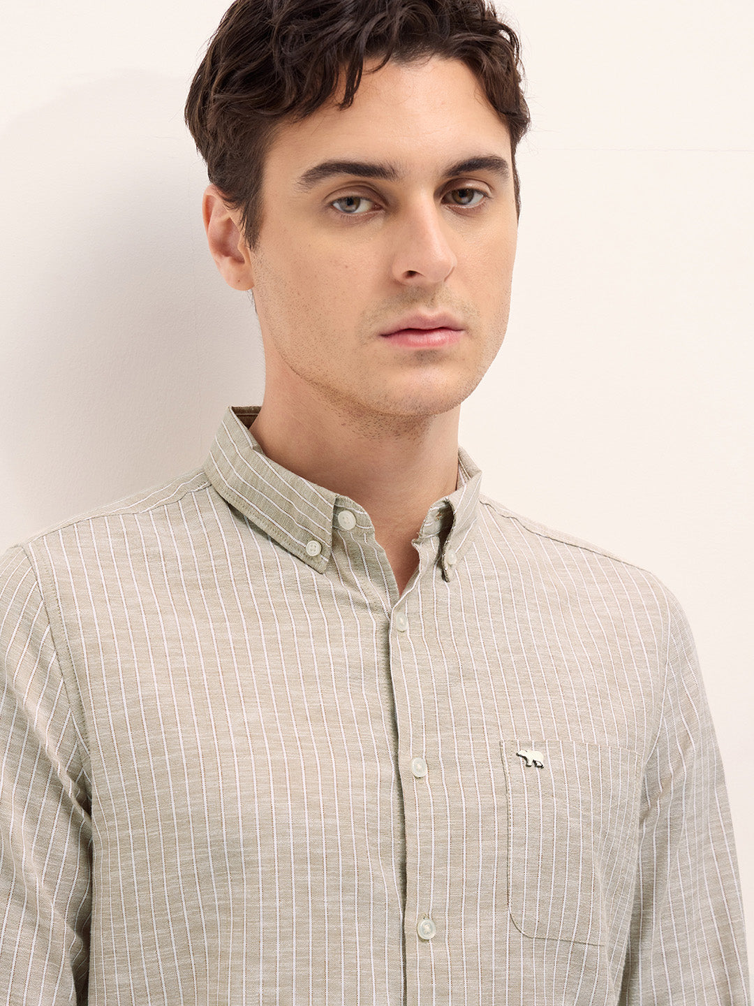 Men Beige Vertical Stripes Slim Fit Casual Shirt