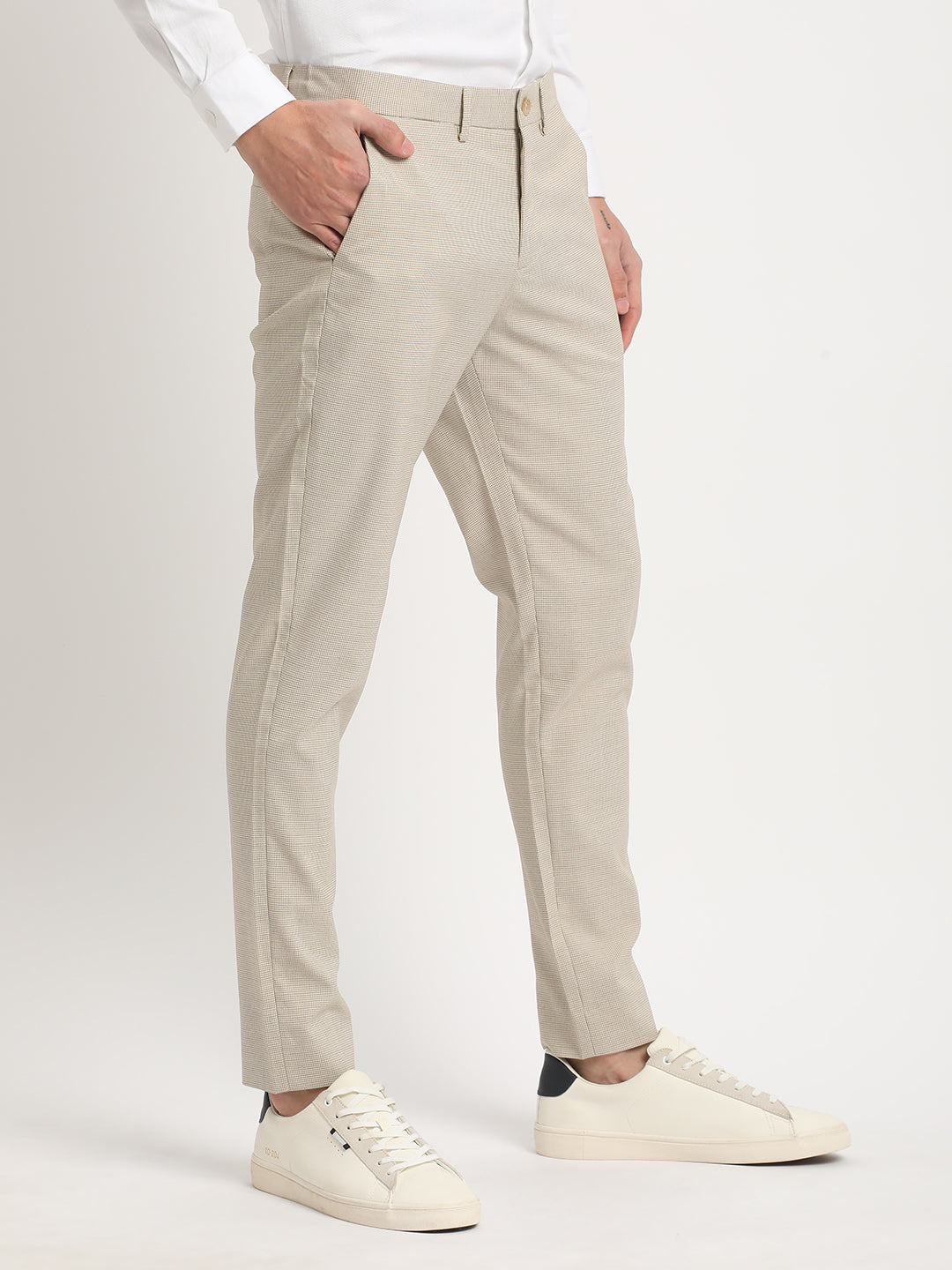 Men Beige Self Design Slim Fit Formal Trouser