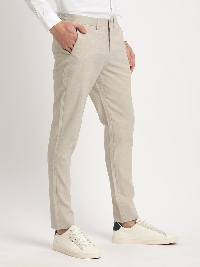 Men Beige Self Design Slim Fit Formal Trouser