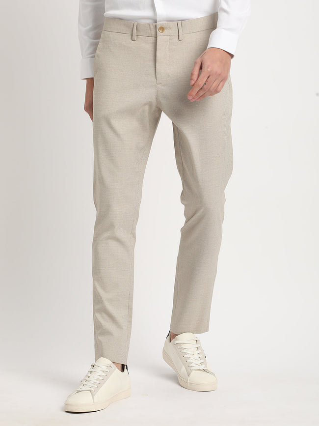Men Beige Self Design Slim Fit Formal Trouser