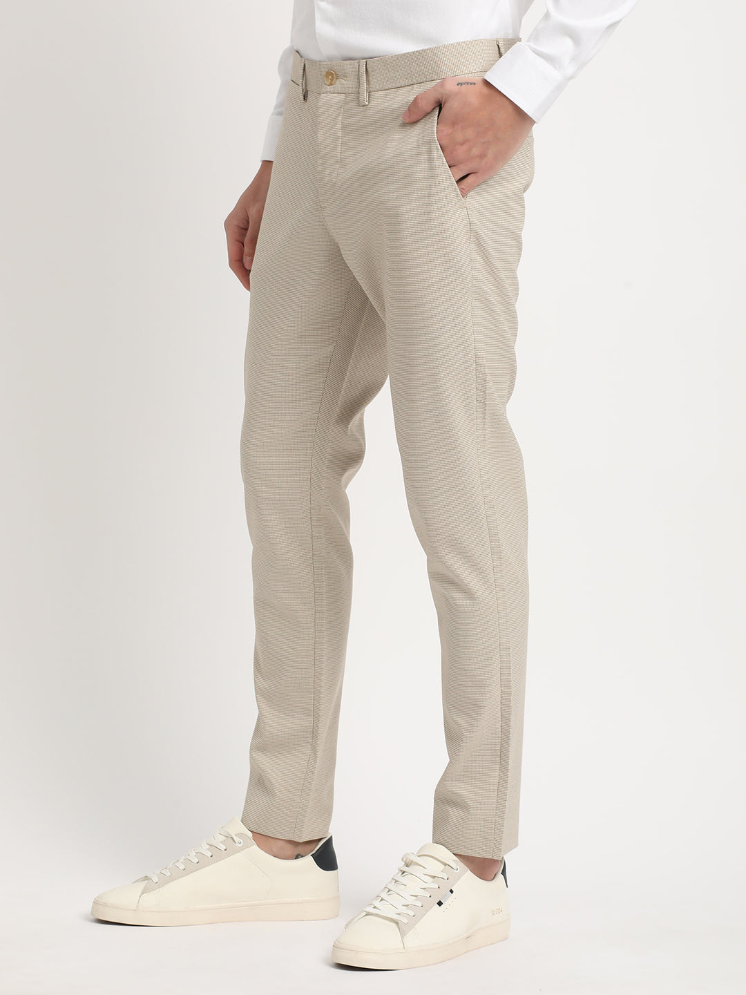 Men Beige Self Design Slim Fit Formal Trouser
