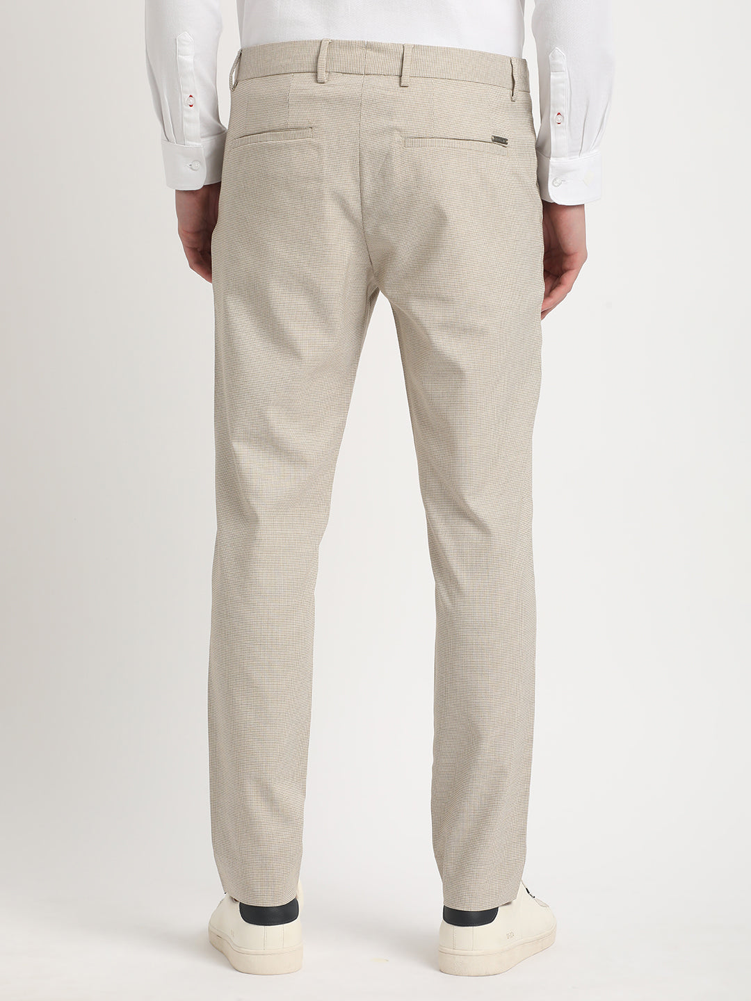 Men Beige Self Design Slim Fit Formal Trouser