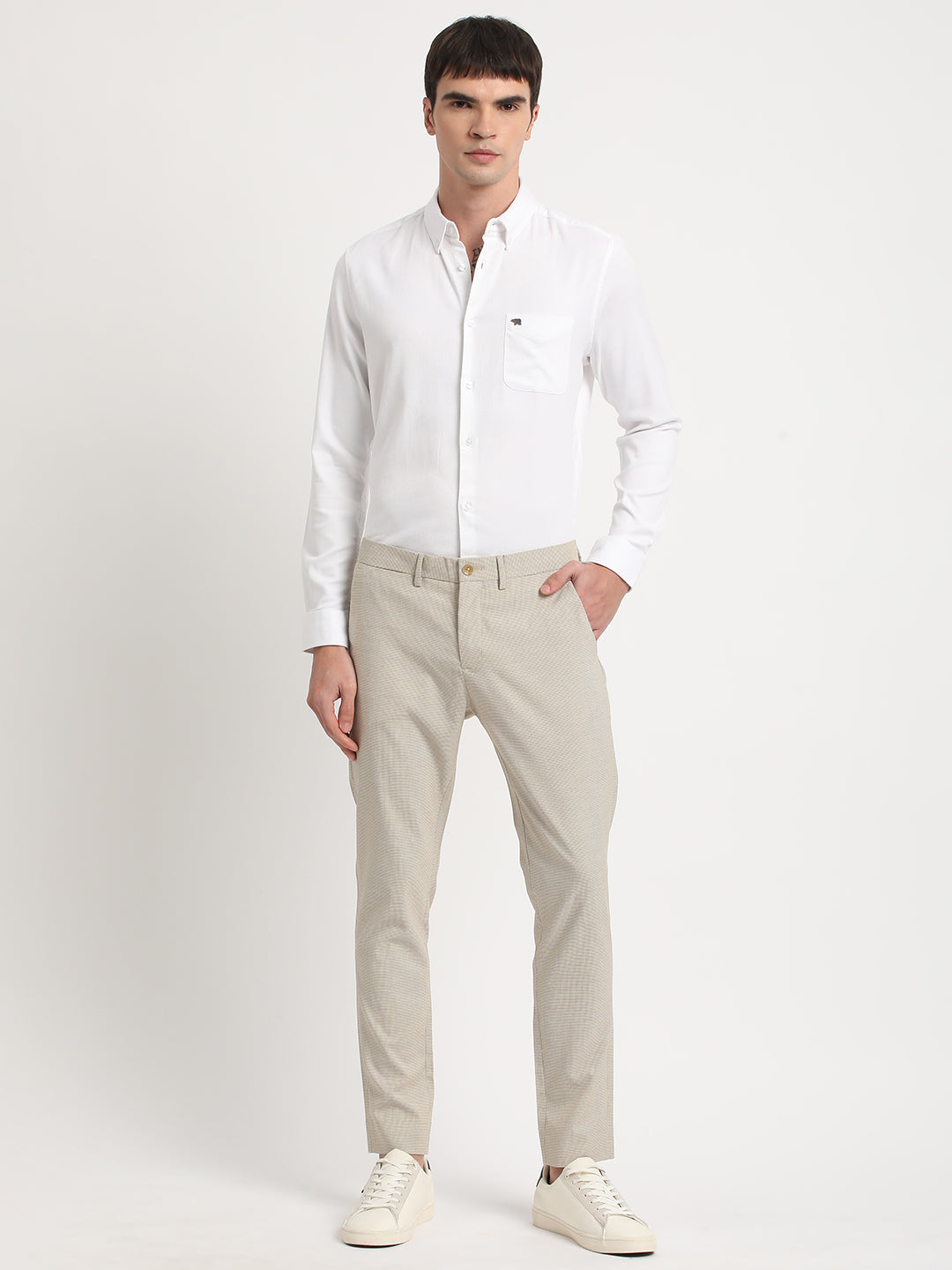Men Beige Self Design Slim Fit Formal Trouser