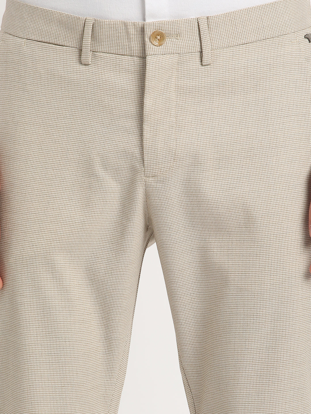 Men Beige Self Design Slim Fit Formal Trouser