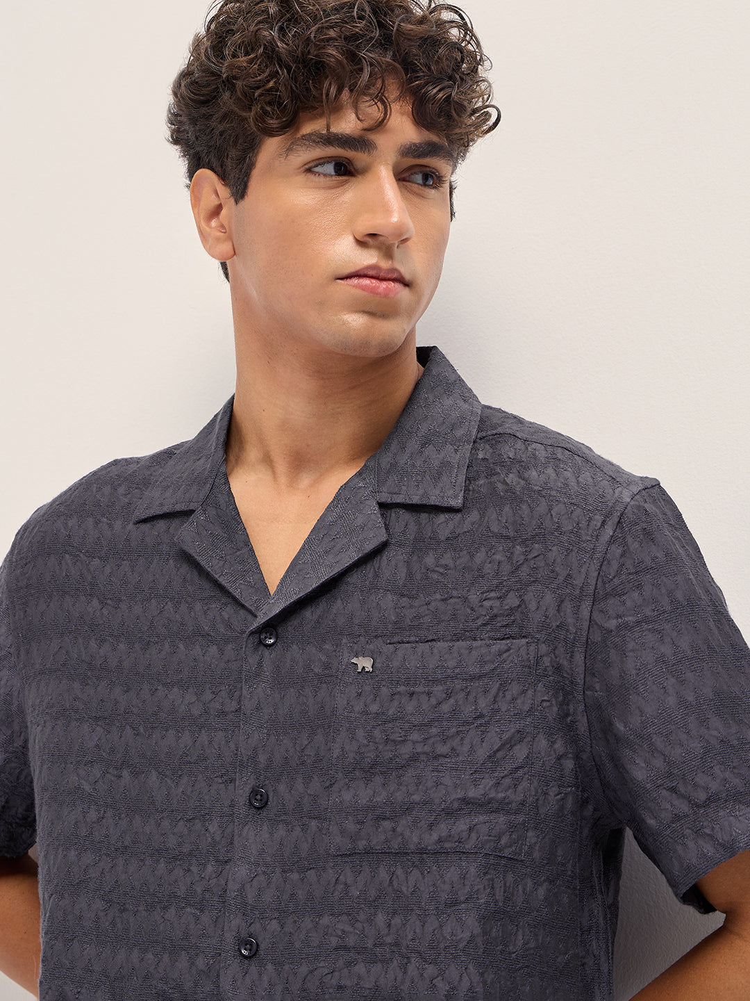 Men Grey Zigzag Textured Weave Relaxed Fit Half Sleeve Casual Shirt